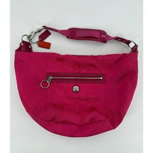 Coach Y2K Pink Canvas Patent Leather Hobo Bag Orange Interior